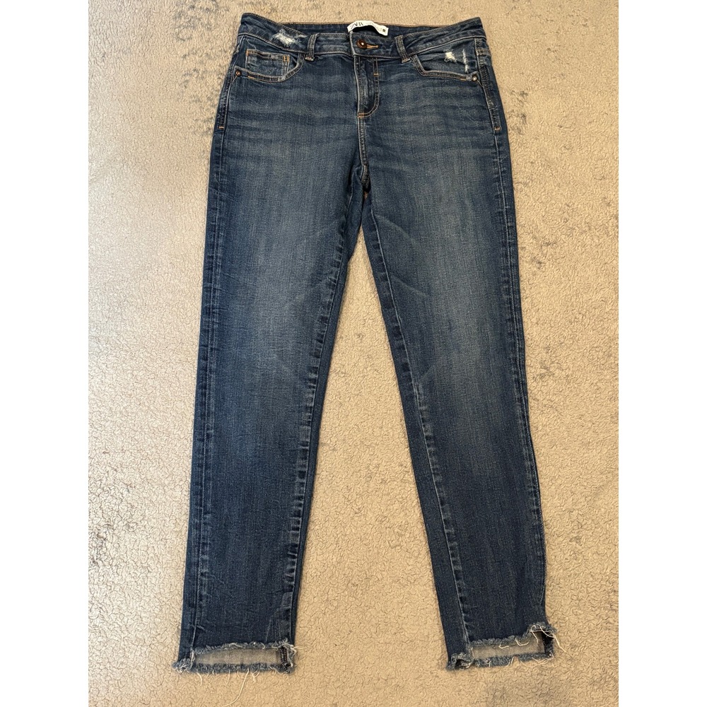 Zara Premium Denim Collection Blue Distressed Raw Hem Slim Jeans Womens Size 8